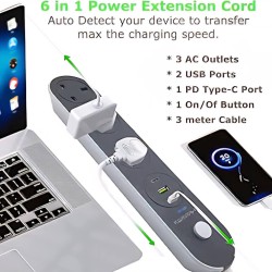 توصيلة كهرباء 3 متر 3 منافذ كهرباء 2 منافذ يو اس بي ومنفذ بي دي