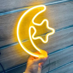 اضاءة مصباح نيون ليد هلال ونجمة اصفر 3D ضوء قوي 25 سم اضاءة مصباح نيون ليد هلال ونجمة اصفر 3D ضوء قوي 25 سم