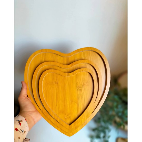 طقم صحون تقديم خشب بامبو 3 قطع شكل قلب