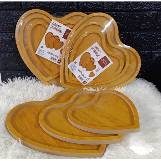 طقم صحون تقديم خشب بامبو 3 قطع شكل قلب
