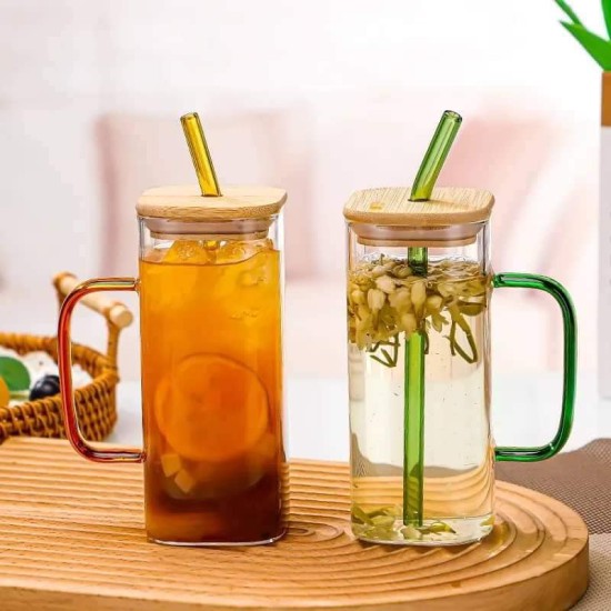 كوب زجاج مع غطاء خشبي ومصاصة متعدد الالوان كوب زجاج مع غطاء خشبي ومصاصة متعدد الالوان