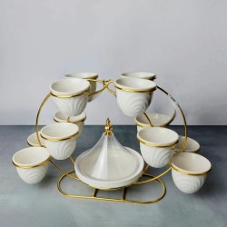 طقم فناجين قهوه سيراميك مع تمرية 15 قطعة مع شيال ذهبي