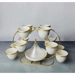 طقم فناجين قهوه سيراميك مع تمرية 15 قطعة مع شيال ذهبي