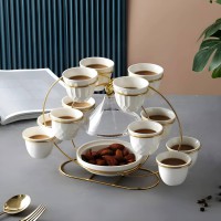 طقم فناجين قهوه سيراميك مع تمرية 15 قطعة مع شيال ذهبي