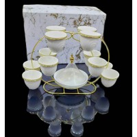 طقم فناجين قهوه سيراميك مع تمرية 15 قطعة مع شيال ذهبي