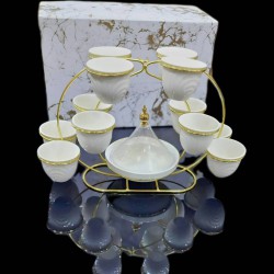 طقم فناجين قهوه سيراميك مع تمرية 15 قطعة مع شيال ذهبي