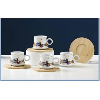 طقم فناجين سيراميك مع سياسر خشبي برسومات رمضان كريم