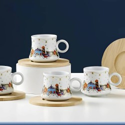 طقم فناجين سيراميك مع سياسر خشبي برسومات رمضان كريم