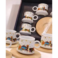 طقم فناجين سيراميك مع سياسر خشبي برسومات رمضان كريم