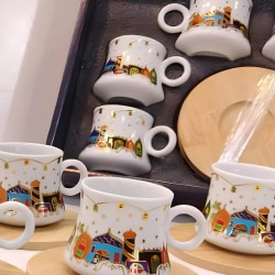 طقم فناجين سيراميك مع سياسر خشبي برسومات رمضان كريم